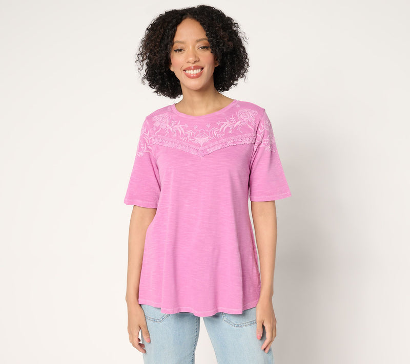LOGO Lavish by Lori Goldstein 100% Cotton Short Sleeve Embroidered Top — View 12