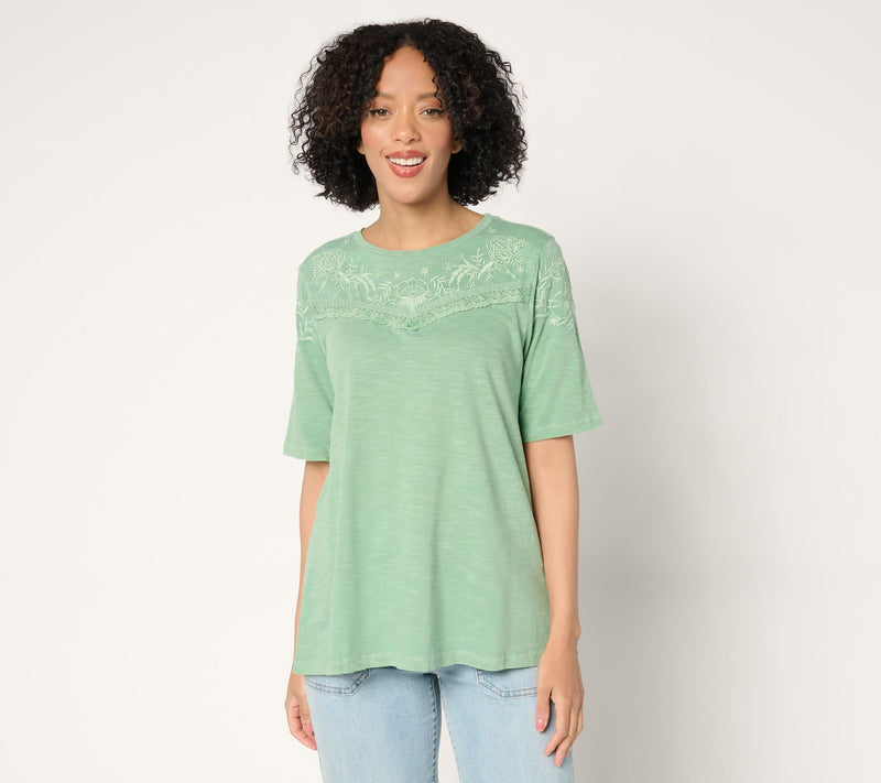 LOGO Lavish by Lori Goldstein 100% Cotton Short Sleeve Embroidered Top — View 13