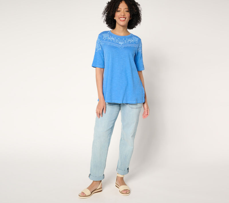 LOGO Lavish by Lori Goldstein 100% Cotton Short Sleeve Embroidered Top — View 5