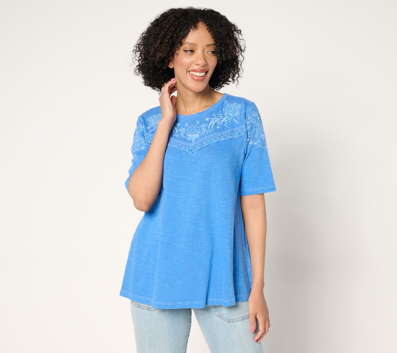 LOGO Lavish by Lori Goldstein 100% Cotton Short Sleeve Embroidered Top — View 14