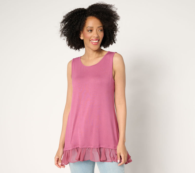 LOGO Layers by Lori Goldstein Knit Tank with Hi-Low Chiffon Hem — View 18