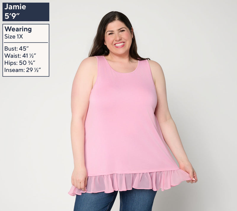 LOGO Layers by Lori Goldstein Knit Tank with Hi-Low Chiffon Hem — View 2