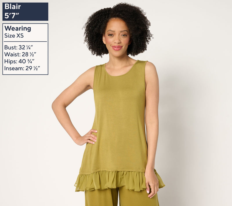 LOGO Layers by Lori Goldstein Knit Tank with Hi-Low Chiffon Hem — View 3