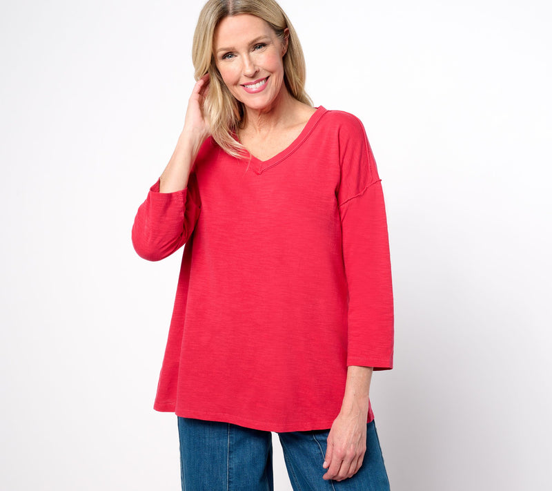 LOGO by Lori Goldstein 100% Cotton Slub V-Neck 3/4 Sleeve Top — View 11