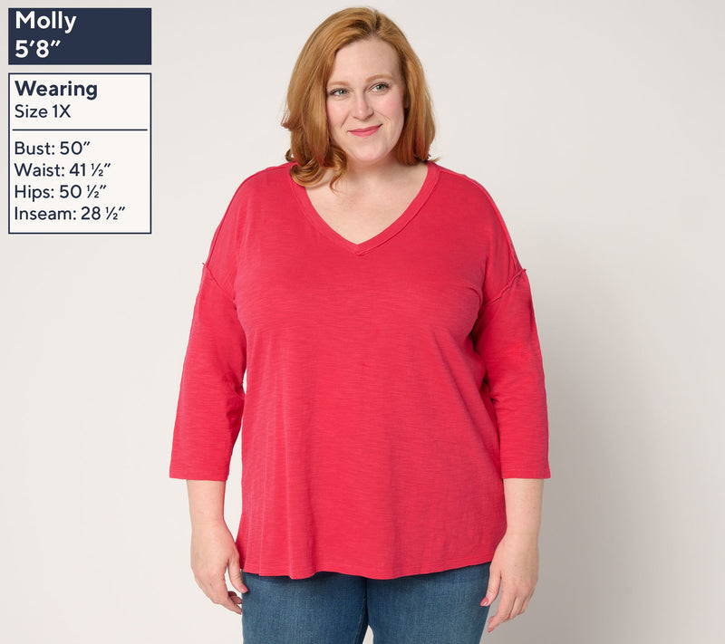 LOGO by Lori Goldstein 100% Cotton Slub V-Neck 3/4 Sleeve Top — View 2