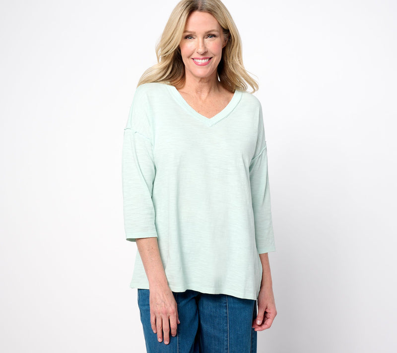 LOGO by Lori Goldstein 100% Cotton Slub V-Neck 3/4 Sleeve Top — View 14
