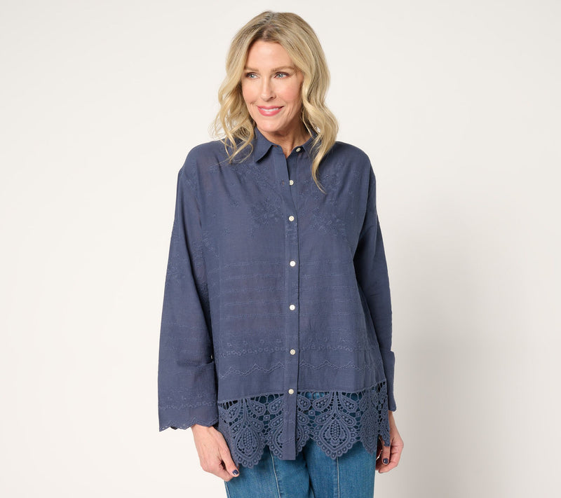 LOGO Lavish by Lori Goldstein 100% Cotton Embroidered Shirt — View 12