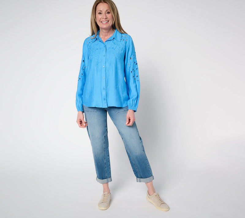 LOGO Lavish by Lori Goldstein Embroidered Eyelet Blouse — View 5