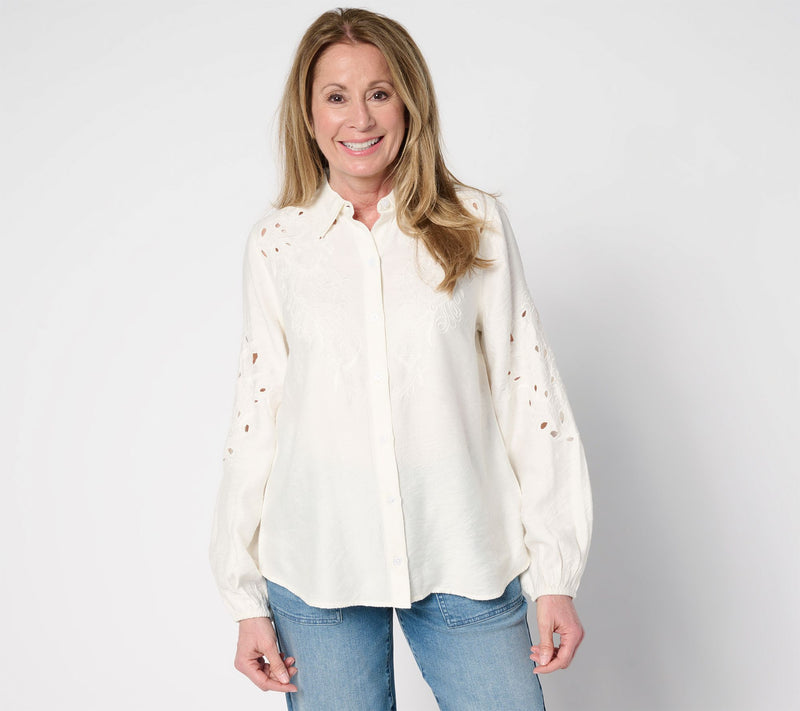 LOGO Lavish by Lori Goldstein Embroidered Eyelet Blouse — View 13