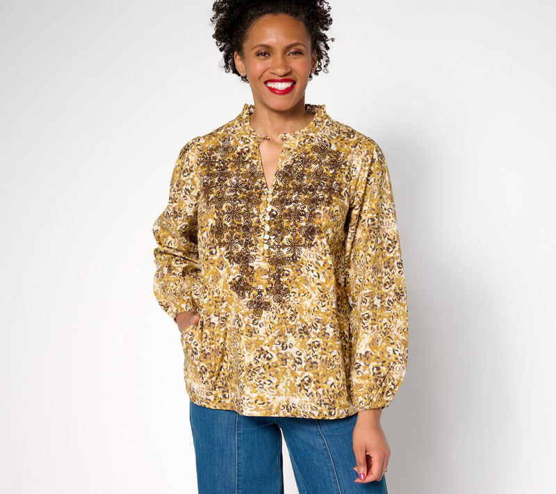 LOGO Lavish by Lori Goldstein Animal Print Embroidered Cotton Blouse — View 7