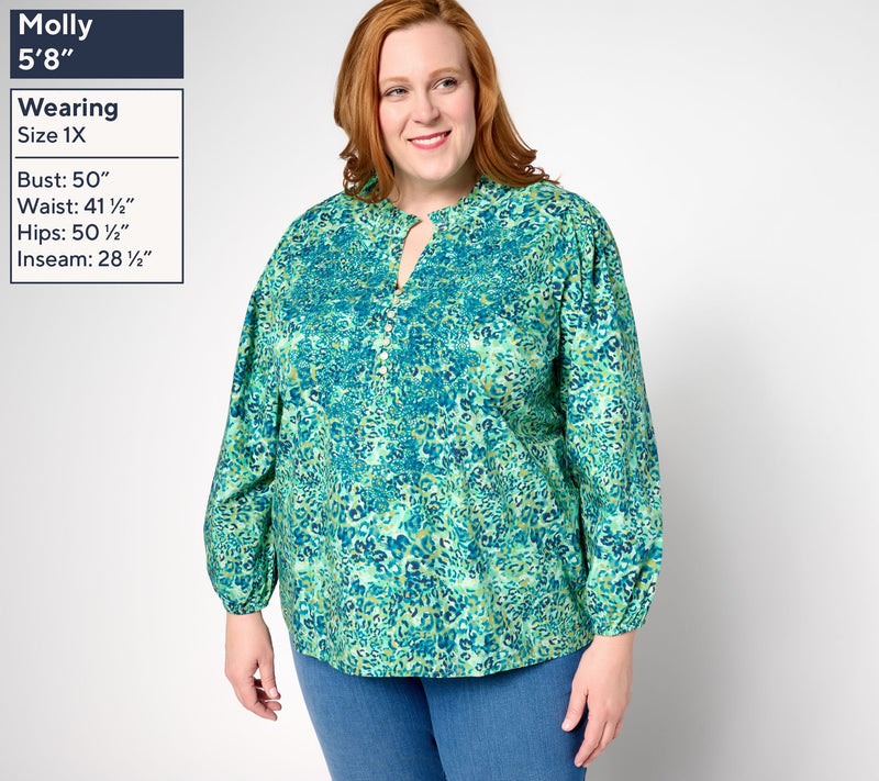 LOGO Lavish by Lori Goldstein Animal Print Embroidered Cotton Blouse — View 8