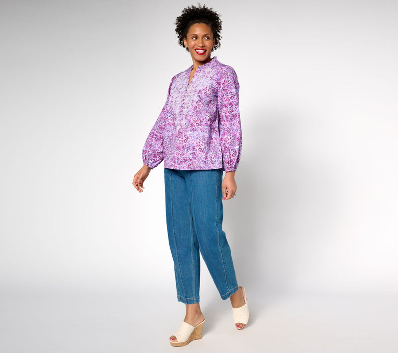 LOGO Lavish by Lori Goldstein Animal Print Embroidered Cotton Blouse — View 11