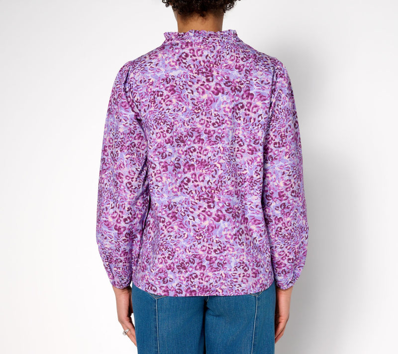 LOGO Lavish by Lori Goldstein Animal Print Embroidered Cotton Blouse — View 10