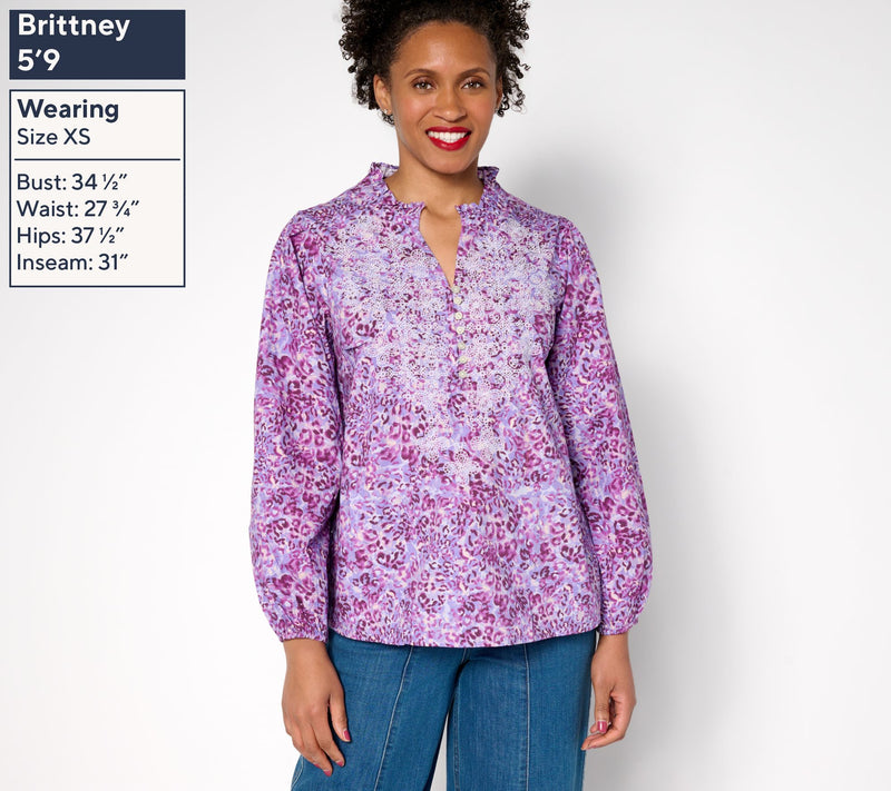 LOGO Lavish by Lori Goldstein Animal Print Embroidered Cotton Blouse — View 9