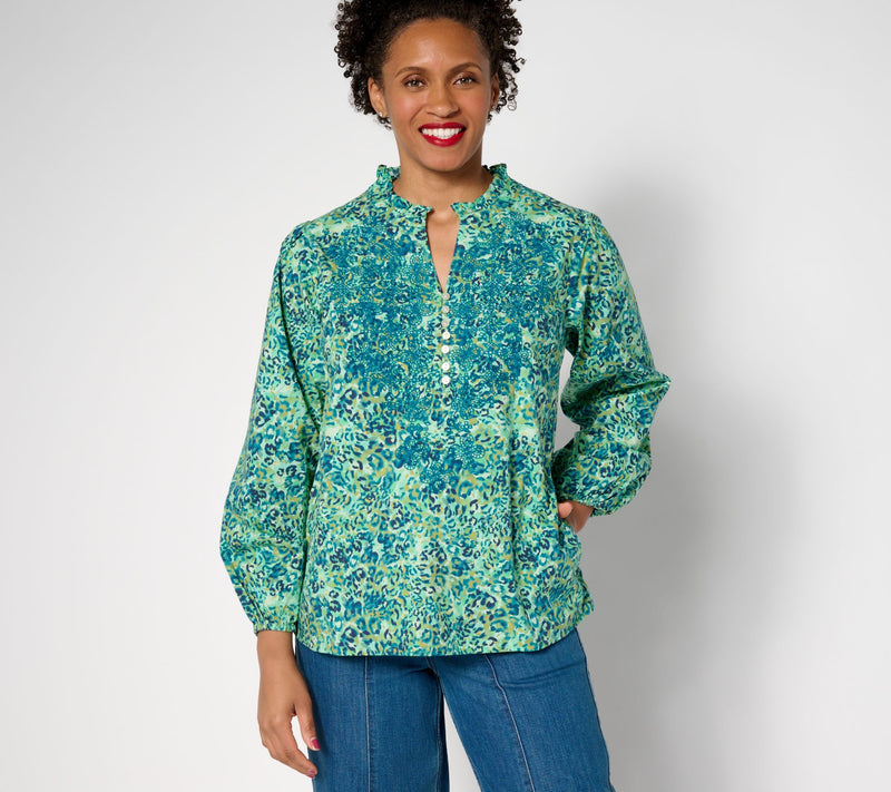 LOGO Lavish by Lori Goldstein Animal Print Embroidered Cotton Blouse — Main view