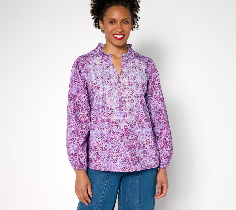 LOGO Lavish by Lori Goldstein Animal Print Embroidered Cotton Blouse — View 5