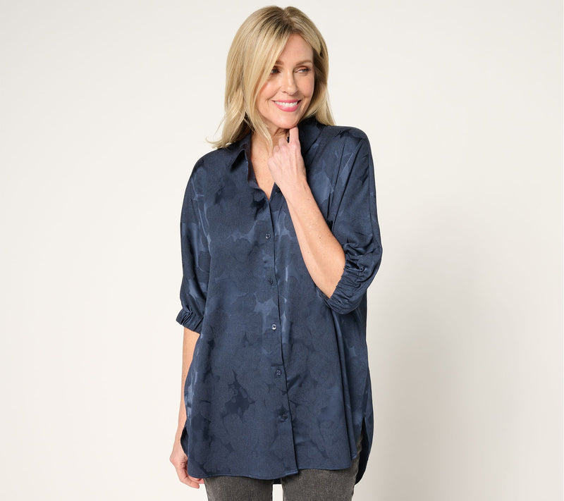 LOGO by Lori Goldstein Jacquard Button Front Shirt — View 13