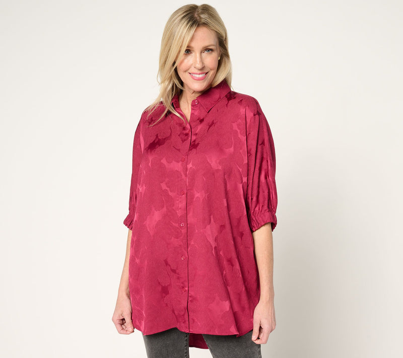LOGO by Lori Goldstein Jacquard Button Front Shirt — View 16