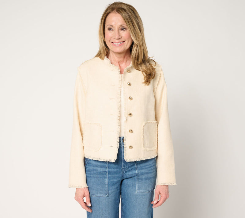 LOGO by Lori Goldstein Button Front Jacket with Fray Detail — View 5