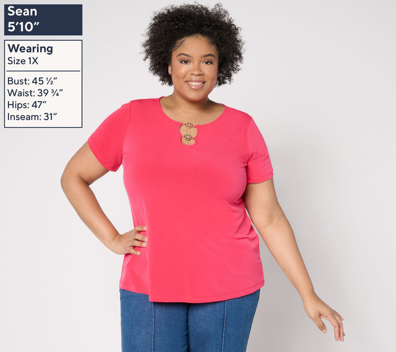 Susan Graver Liquid Knit Cap Sleeve Top with Keyhole Trim — View 4