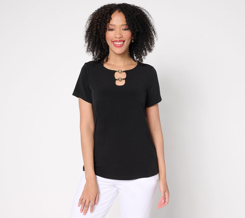 Susan Graver Liquid Knit Cap Sleeve Top with Keyhole Trim — View 12