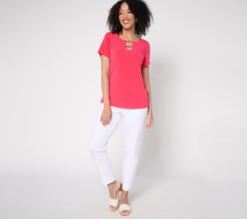 Susan Graver Liquid Knit Cap Sleeve Top with Keyhole Trim — View 7