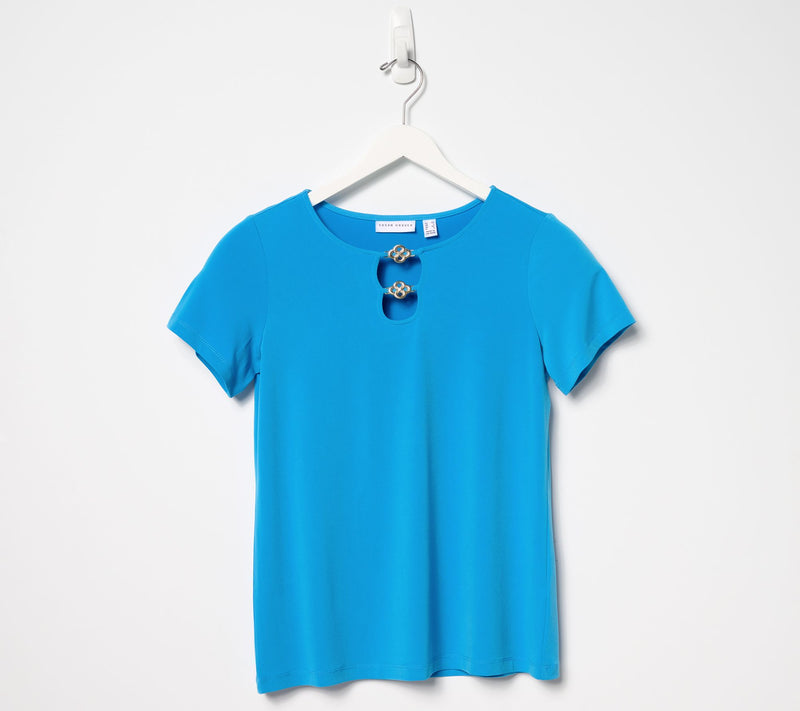 Susan Graver Liquid Knit Cap Sleeve Top with Keyhole Trim — Main view
