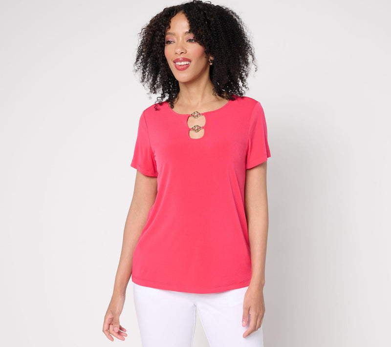 Susan Graver Liquid Knit Cap Sleeve Top with Keyhole Trim — View 14
