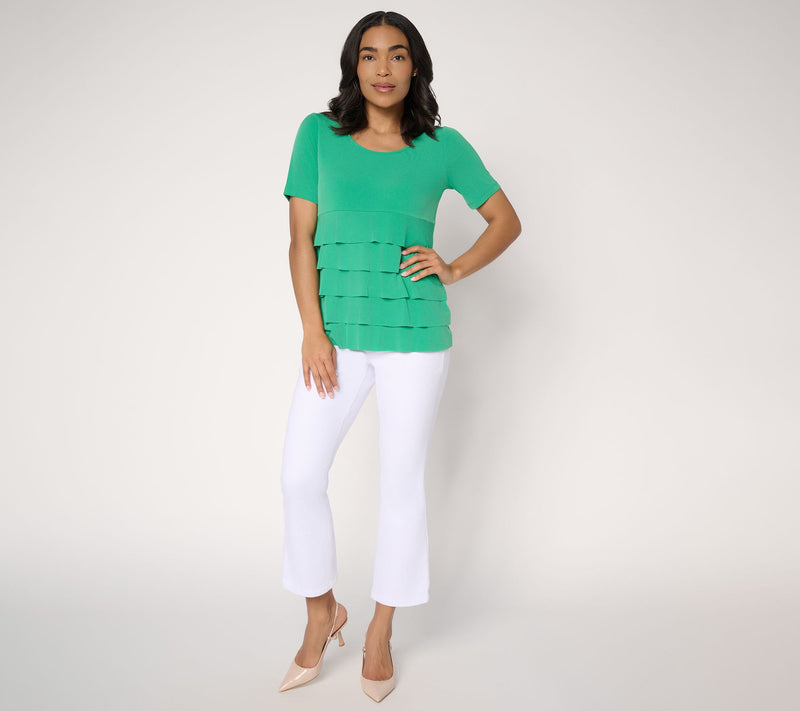 Susan Graver Liquid Knit Short Sleeve Scoop-Neck Tiered Top — View 15