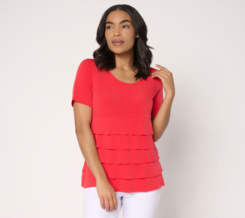 Susan Graver Liquid Knit Short Sleeve Scoop-Neck Tiered Top — View 22