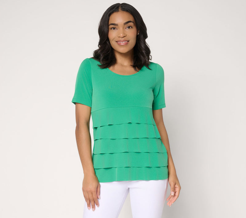 Susan Graver Liquid Knit Short Sleeve Scoop-Neck Tiered Top — View 24