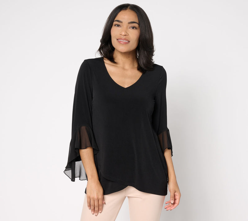 Susan Graver Petite Liquid Knit Tunic w/ Woven Ruffle Sleeves — View 3