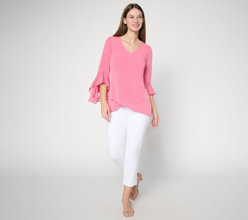 Susan Graver Petite Liquid Knit Tunic w/ Woven Ruffle Sleeves — View 21