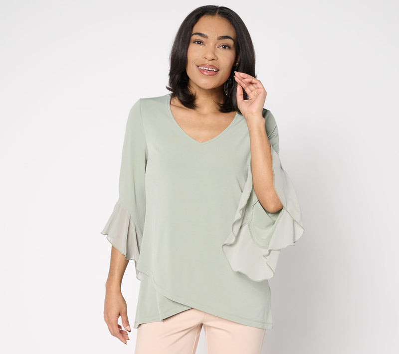 Susan Graver Petite Liquid Knit Tunic w/ Woven Ruffle Sleeves — View 5