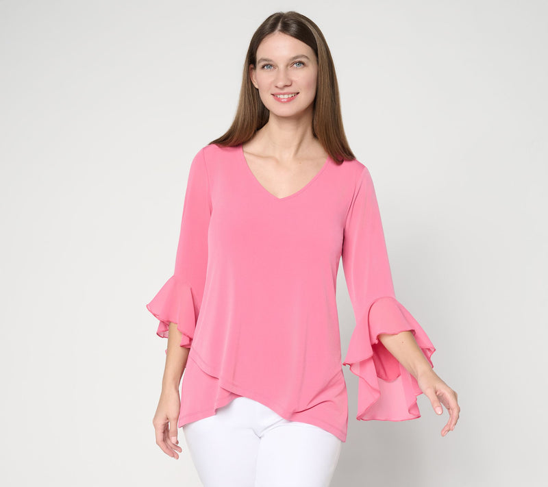 Susan Graver Petite Liquid Knit Tunic w/ Woven Ruffle Sleeves — View 8