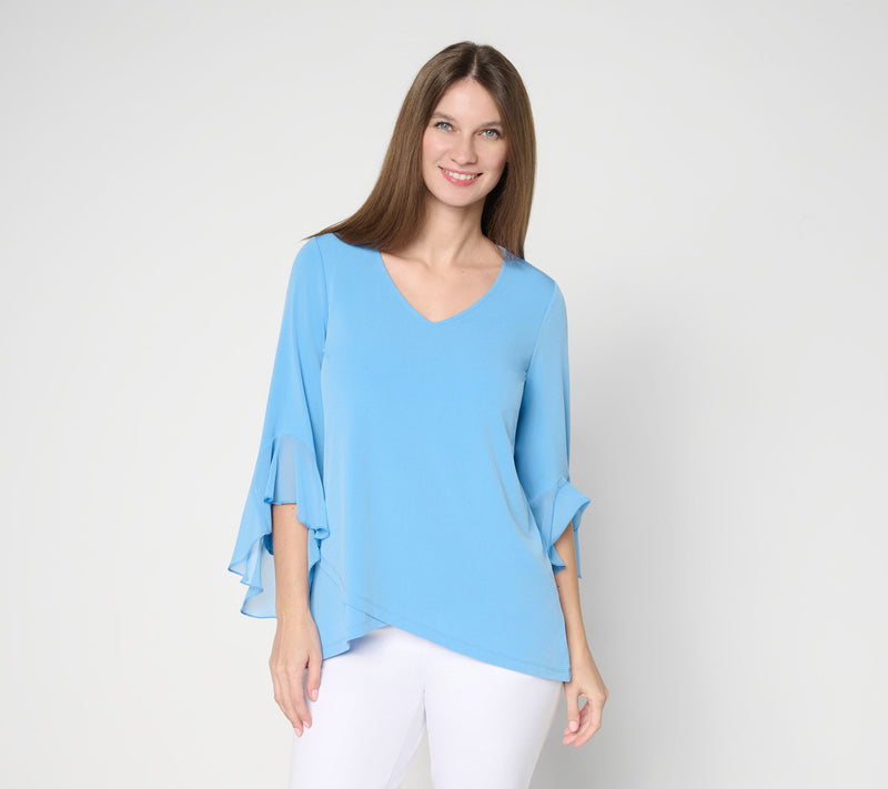 Susan Graver Petite Liquid Knit Tunic w/ Woven Ruffle Sleeves — View 17