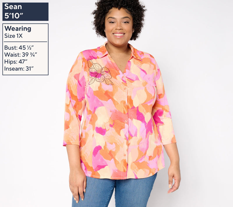 Susan Graver Petite Printed Liquid Knit Tunic w/ Embellishment — View 2