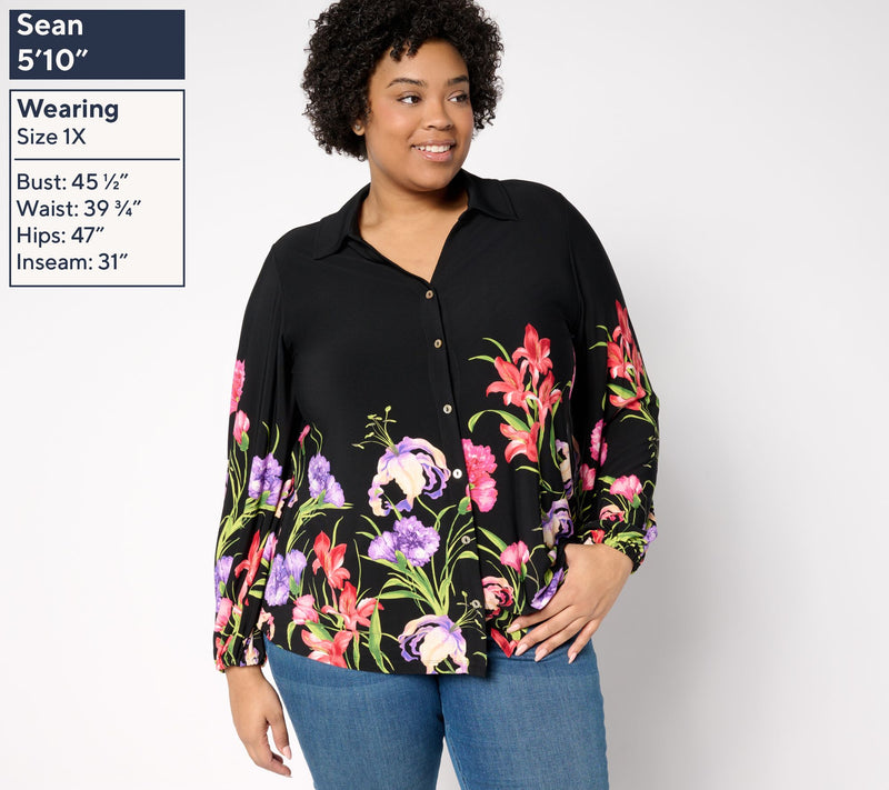GRAVER Susan Graver Printed Liquid Knit Button-Front Shirt — View 10