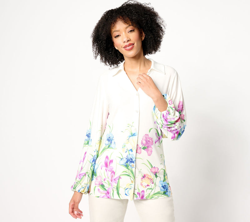 GRAVER Susan Graver Printed Liquid Knit Button-Front Shirt — Main view
