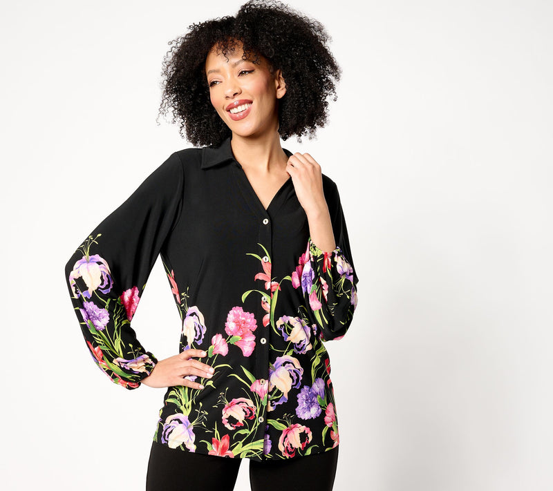 GRAVER Susan Graver Printed Liquid Knit Button-Front Shirt — View 5