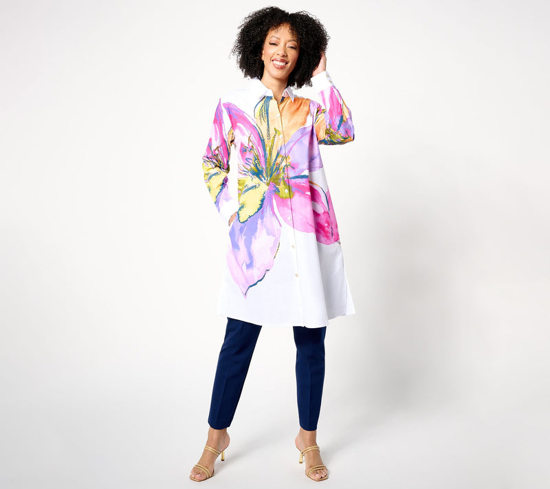 Susan Graver Regular Printed Stretch Poplin Button Front Duster — View 7