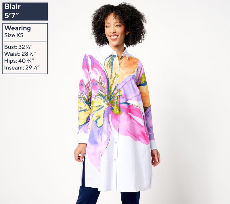 Susan Graver Petite Printed Stretch Poplin Button Front Duster — View 11