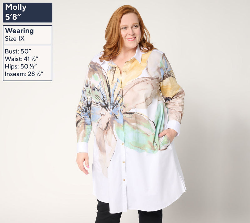 Susan Graver Petite Printed Stretch Poplin Button Front Duster — View 10