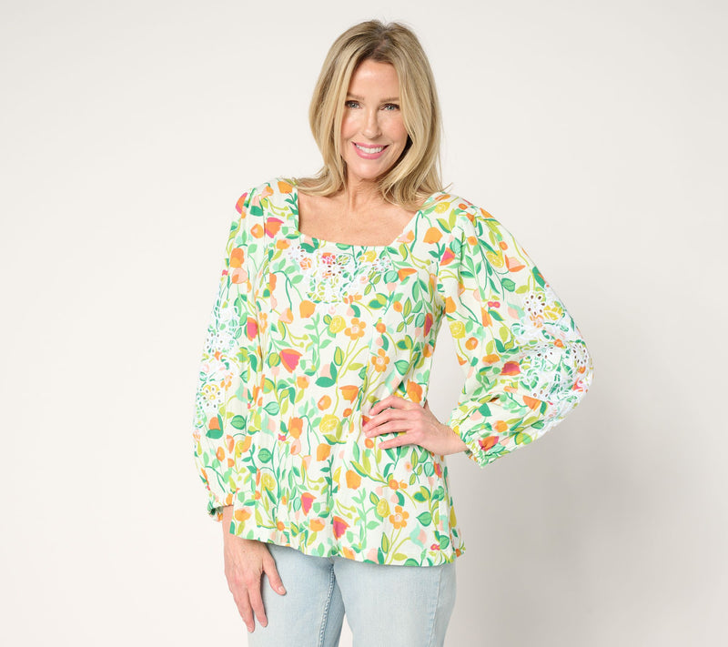 Susan Graver PURE Embroidered Printed Cotton Gauze Blouse — Main view