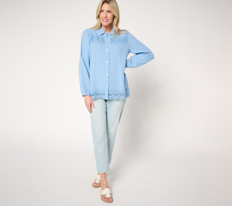 Susan Graver PURE Regular Cotton Gauze Button Front Tunic w/Lace — View 15