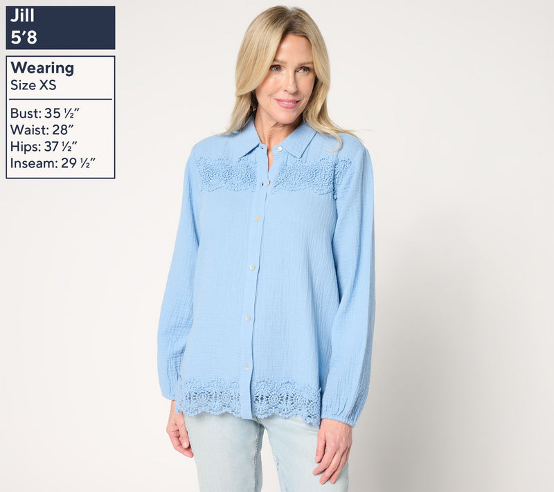 Susan Graver PURE Regular Cotton Gauze Button Front Tunic w/Lace — View 13
