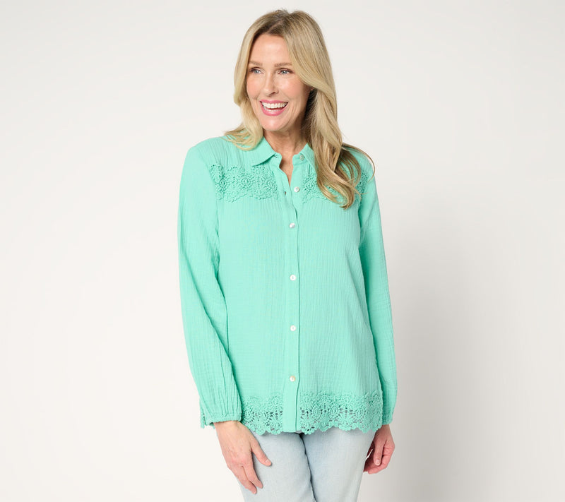 Susan Graver PURE Regular Cotton Gauze Button Front Tunic w/Lace — View 9
