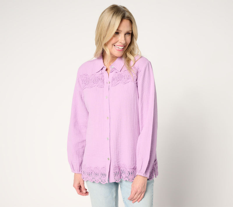 Susan Graver PURE Regular Cotton Gauze Button Front Tunic w/Lace — View 7