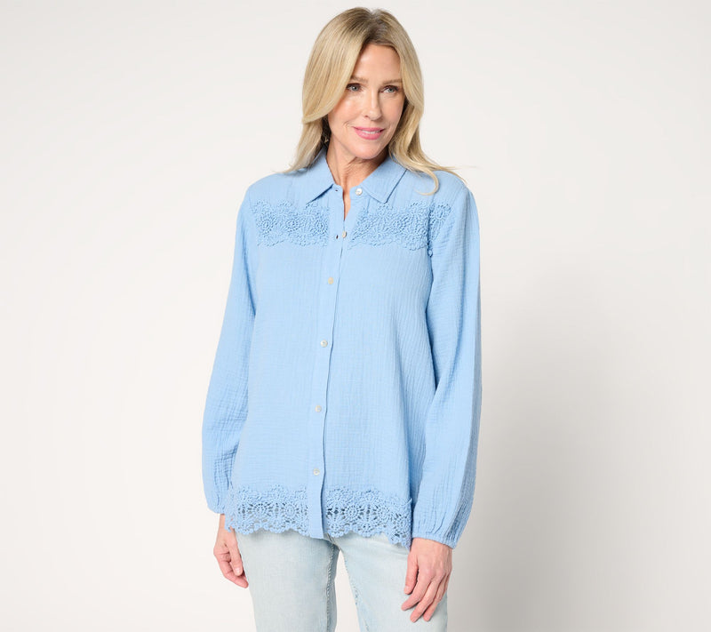 Susan Graver PURE Regular Cotton Gauze Button Front Tunic w/Lace — View 3