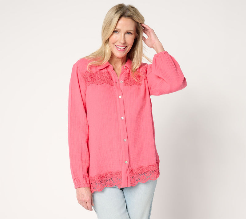 Susan Graver PURE Regular Cotton Gauze Button Front Tunic w/Lace — View 5